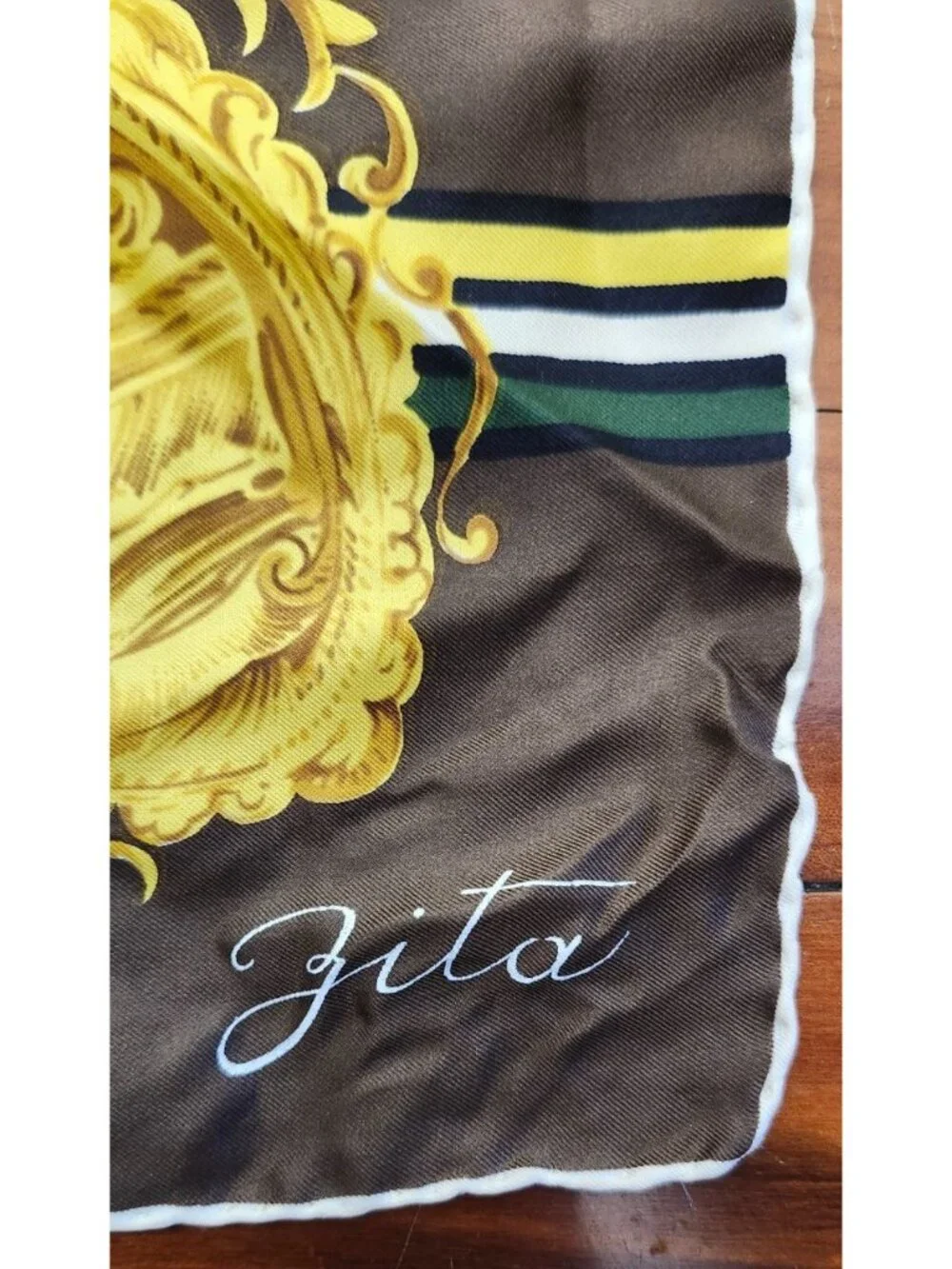 Gita Vintage Silk Scarf Baroque Griffin Medallion Green Gold Brown 30” Square